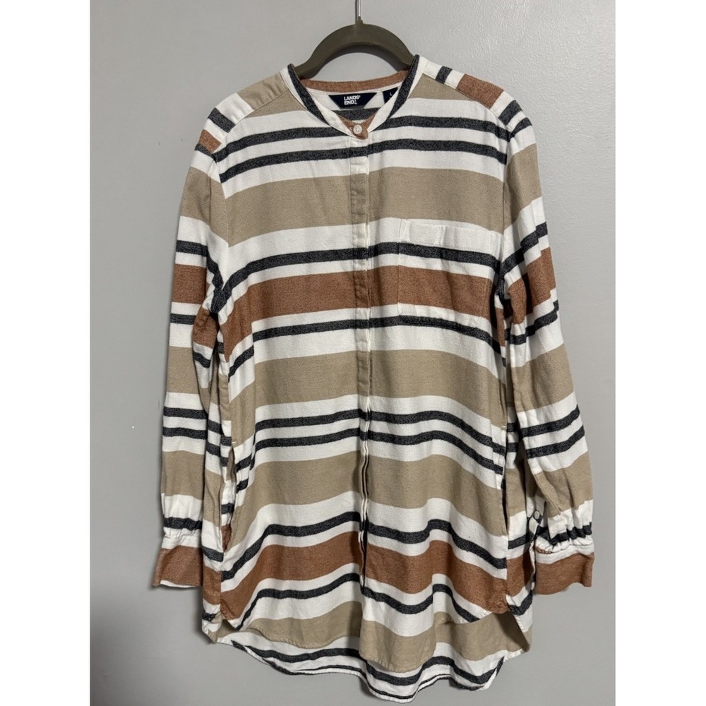 Lands' End Tunic Blouse L  Women's Striped Long Sleeve Cotton Flannel Pocket